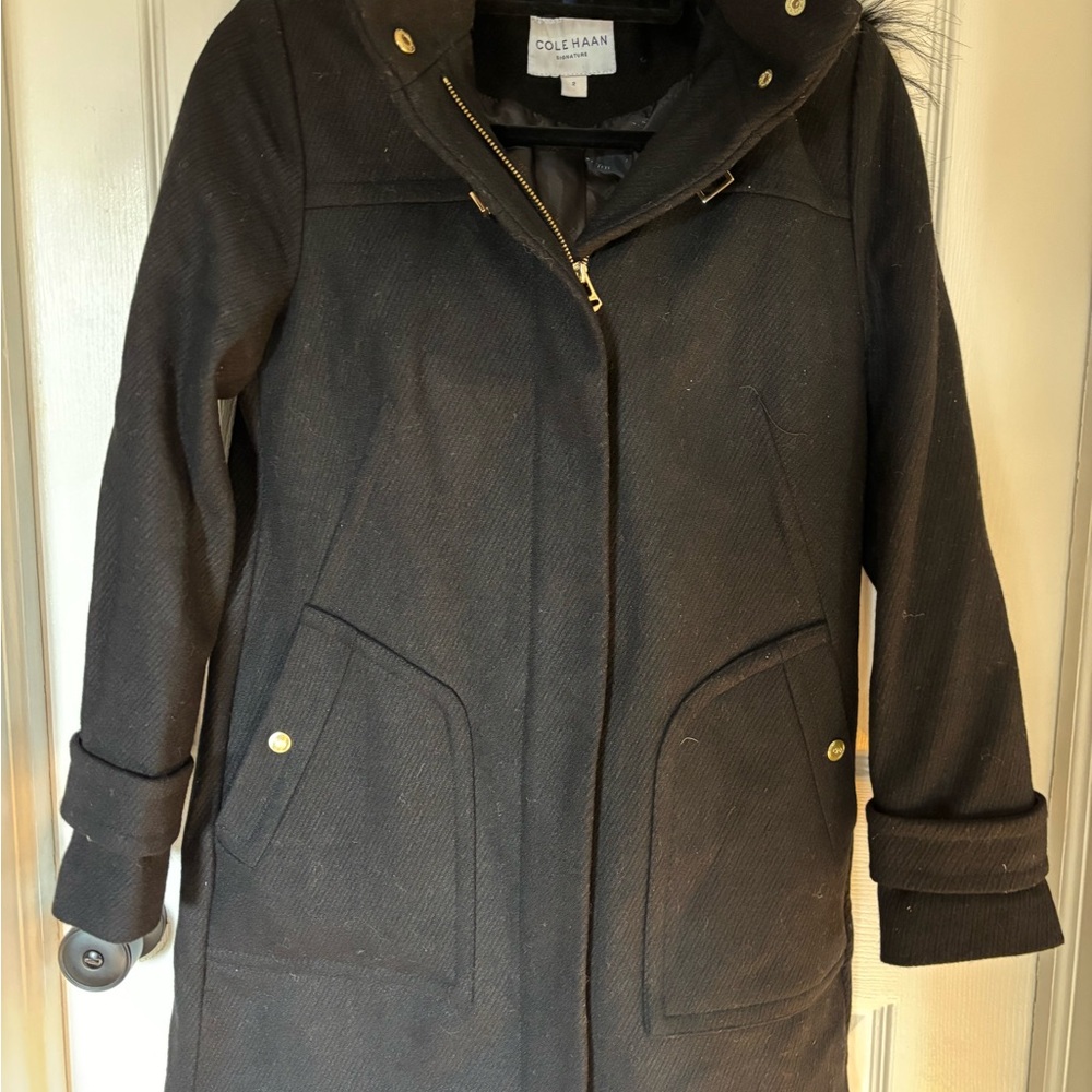 Cole Haan Black Trench Coat with Tailored Fit and High Collar